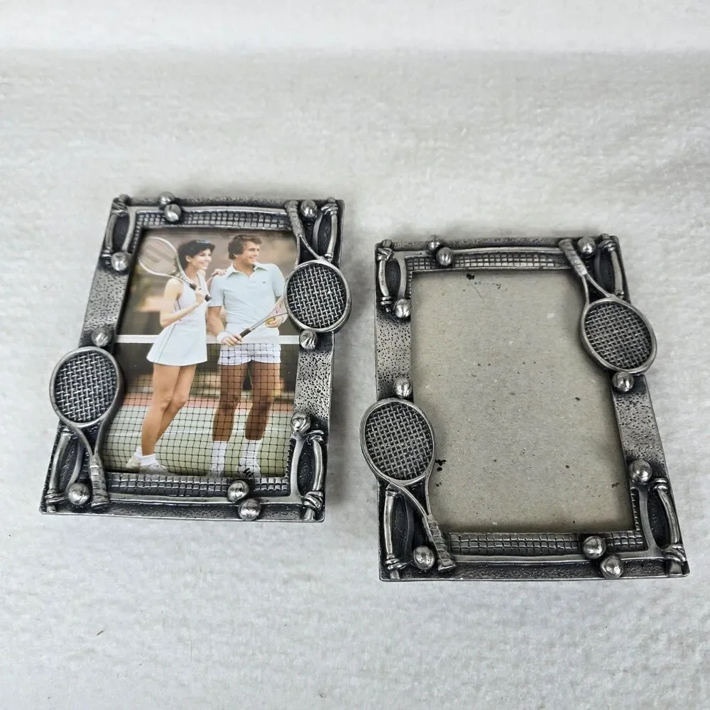 Set Of 2 Pewter Metal Tennis Racket Balls Photo Frame For 5x3.5 Picture